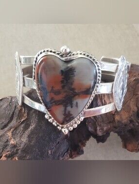 Heart-Shaped Dendritic Agate Sterling Silver Cuff Bracelet - Rust Gray Black